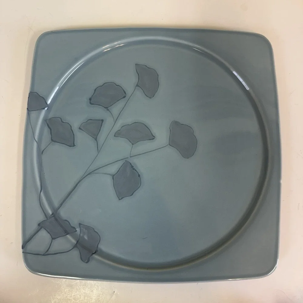 Pier 1 Square Earthenware Gingko Serving Platter Blue Flower Leaves Portugal 12